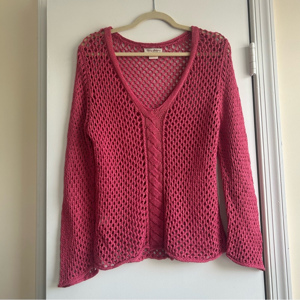 Tommy Bahama Women's Pink Knit Sweater 100% Cotton Size M Crochet Woven Beach